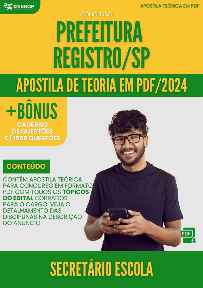 Apostila Teórica para Concurso Prefeitura Registro SP 2024 Secretário Escola - Com Caderno de Questões | loja123shop