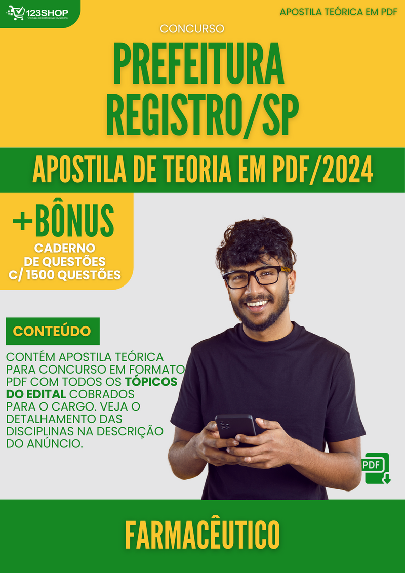 Apostila Teórica para Concurso Prefeitura Registro SP 2024 Farmacêutico - Com Caderno de Questões | loja123shop