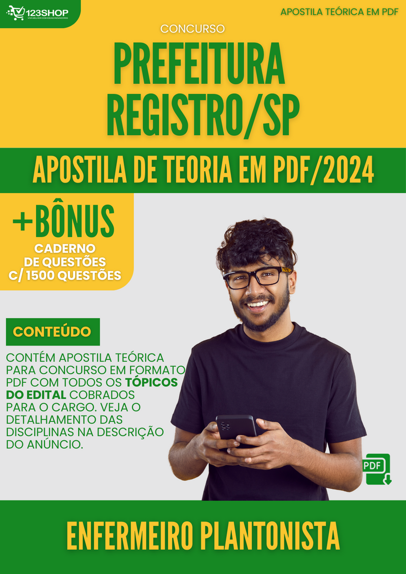 Apostila Teórica para Concurso Prefeitura Registro SP 2024 Enfermeiro Plantonista - Com Caderno de Questões | loja123shop