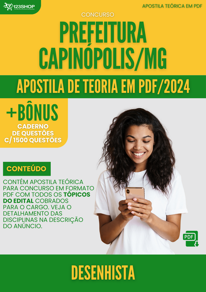 Apostila Teórica para Concurso Prefeitura Capinópolis MG 2024 Desenhista - Com Caderno de Questões | loja123shop