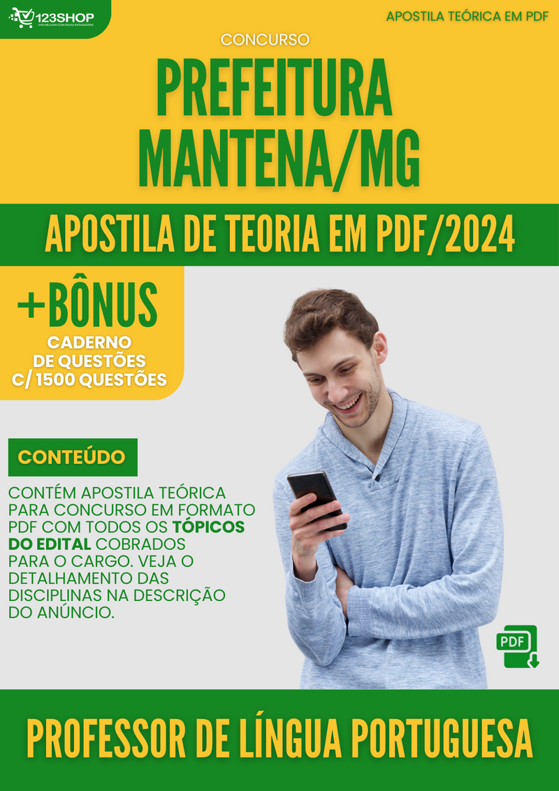 Apostila Teórica para Concurso Pref Mantena MG 2024 Professor Língua Portuguesa - Com Caderno de Questões | loja123shop