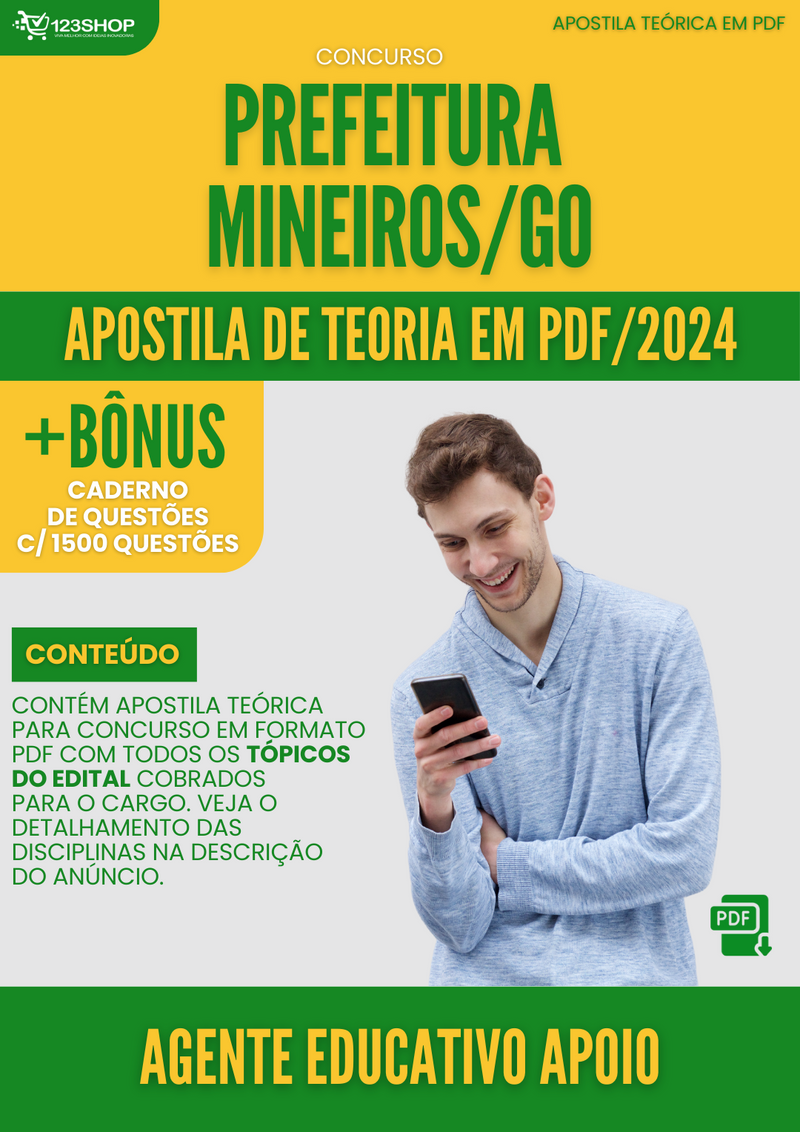 Apostila Teórica para Concurso Prefeitura Mineiros GO 2024 Agente Educativo Apoio - Com Caderno de Questões | loja123shop