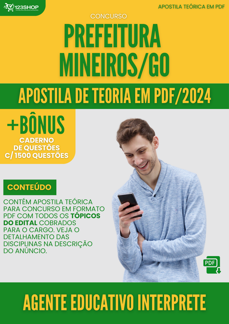 Apostila Teórica para Concurso Prefeitura Mineiros GO 2024 Agente Educativo Intérprete - Com Caderno de Questões | loja123shop