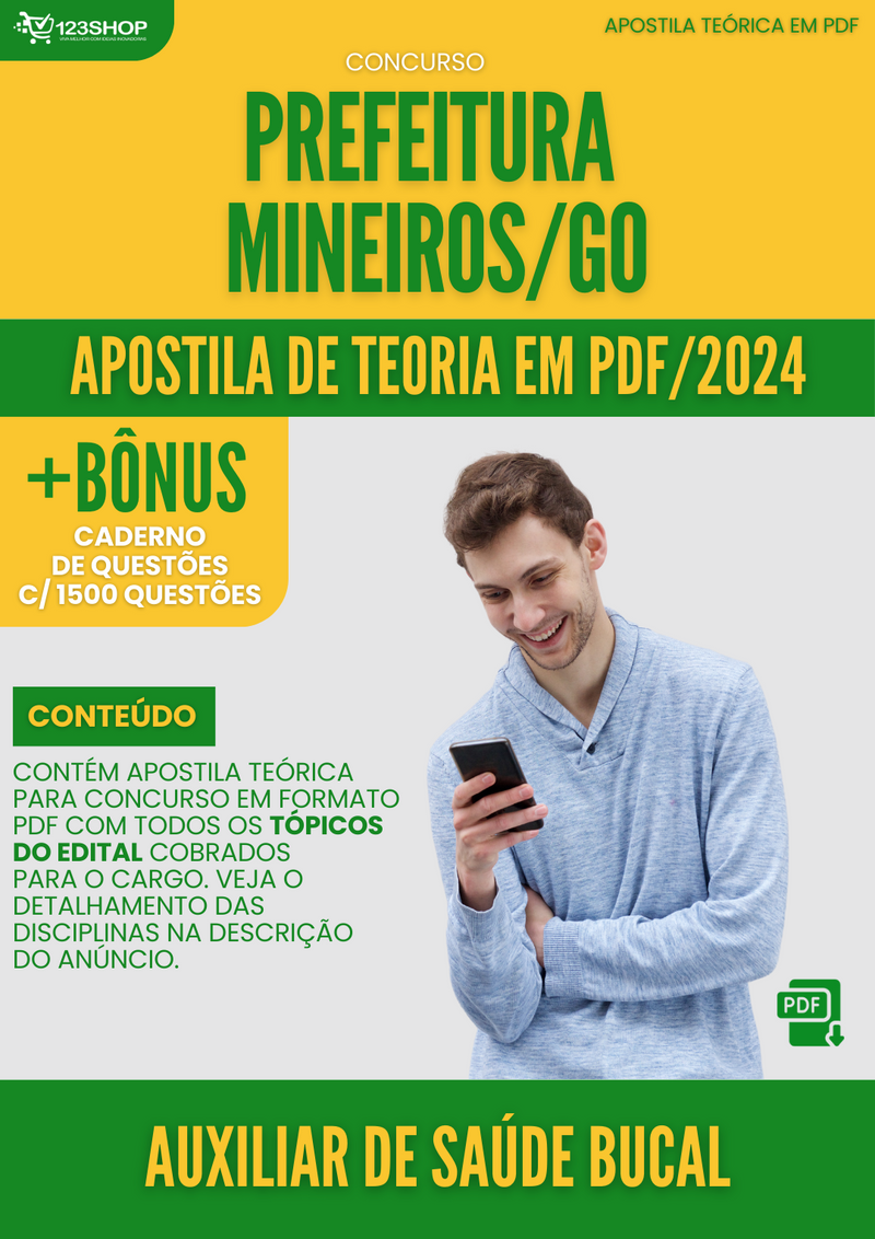 Apostila Teórica para Concurso Prefeitura Mineiros GO 2024 Auxiliar de Saúde Bucal - Com Caderno de Questões | loja123shop