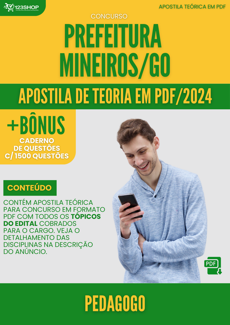 Apostila Teórica para Concurso Prefeitura Mineiros GO 2024 Pedagogo - Com Caderno de Questões | loja123shop