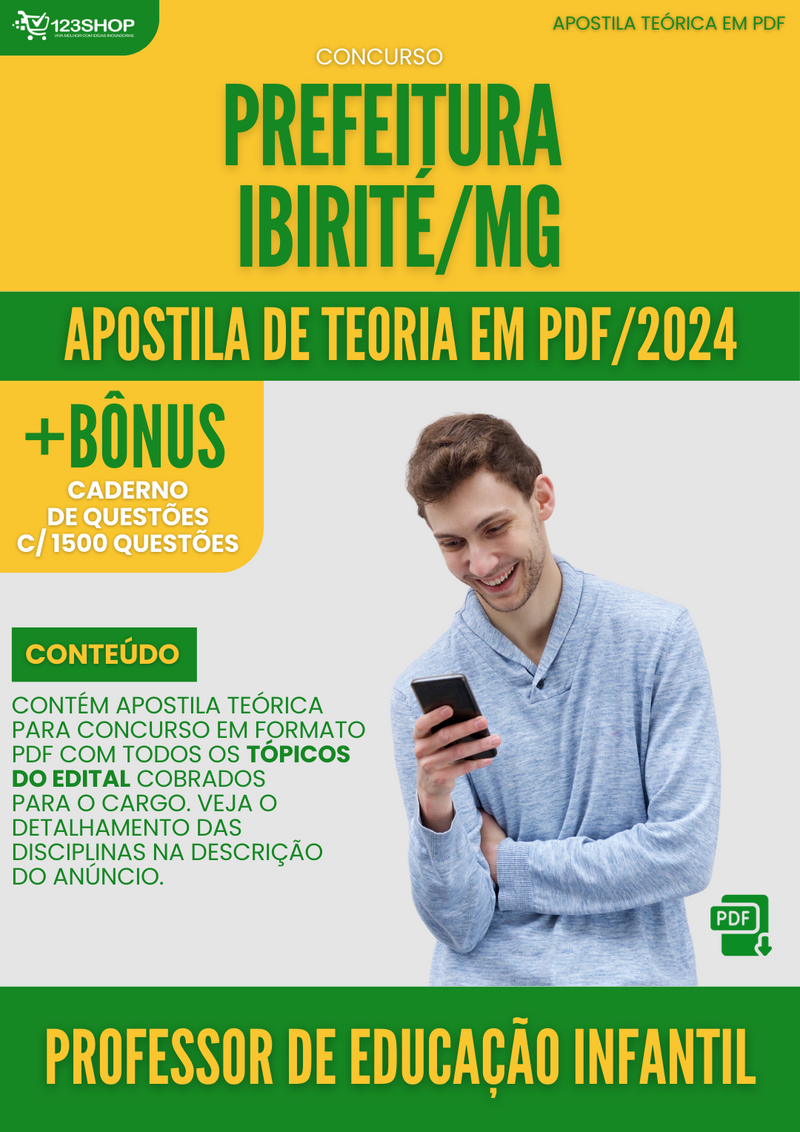 Apostila Teórica para Concurso Pref Ibirité MG 2024 Professor Educação Infantil - Com Caderno de Questões | loja123shop