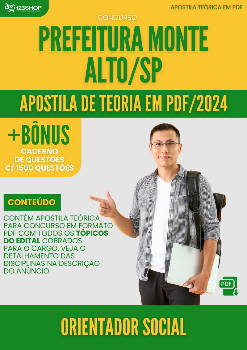 Apostila Teórica para Concurso Prefeitura Monte Alto SP 2024 Orientador Social - Com Caderno de Questões | loja123shop