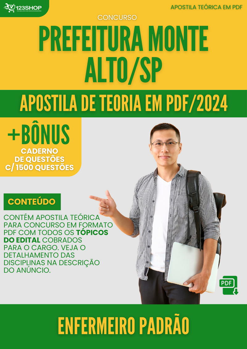 Apostila Teórica para Concurso Prefeitura Monte Alto SP 2024 Enfermeiro Padrão - Com Caderno de Questões | loja123shop