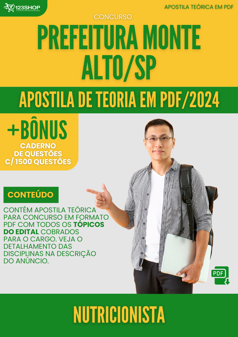 Apostila Teórica para Concurso Prefeitura Monte Alto SP 2024 Nutricionista - Com Caderno de Questões | loja123shop