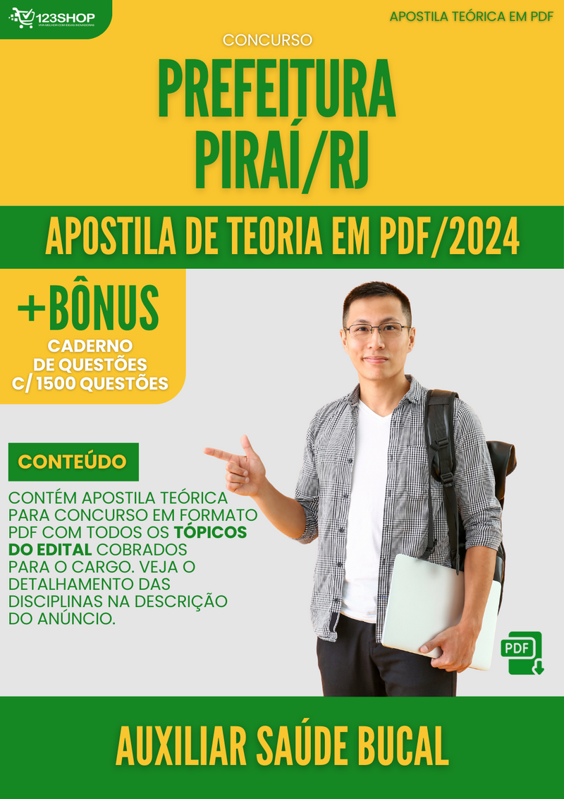 Apostila Teórica para Concurso Pref Piraí RJ 2024 Auxiliar Saúde Bucal - Com Caderno de Questões | loja123shop