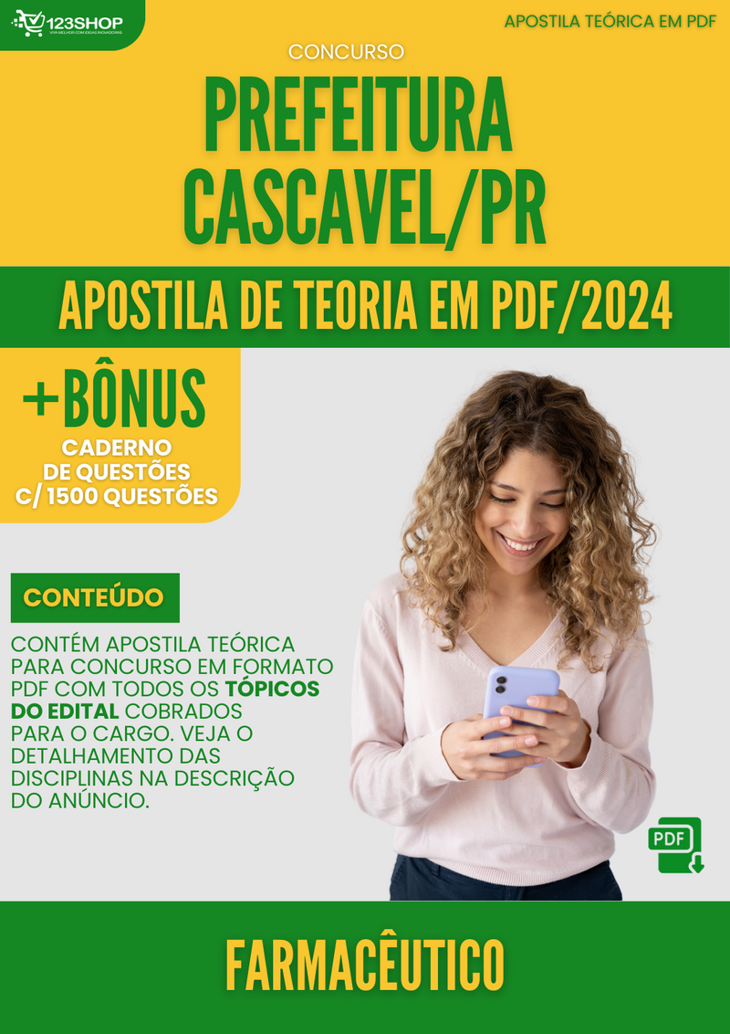 Apostila Teórica para Concurso Prefeitura Cascavel PR 2024 Farmacêutico - Com Caderno de Questões | loja123shop