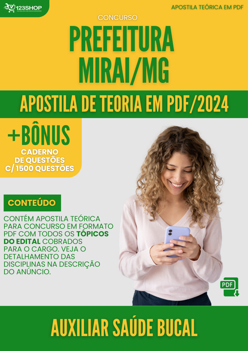 Apostila Teórica para Concurso Pref Miraí MG 2024 Auxiliar Saúde Bucal - Com Caderno de Questões | loja123shop