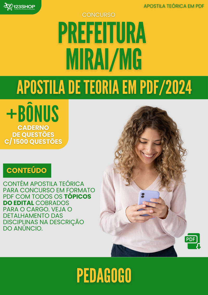 Apostila Teórica para Concurso Pref Miraí MG 2024 Pedagogo - Com Caderno de Questões | loja123shop