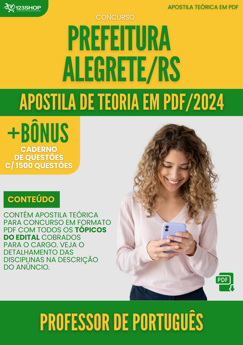 Apostila Teórica para Concurso Prefeitura Alegrete RS 2024 Professor de Português - Com Caderno de Questões | loja123shop