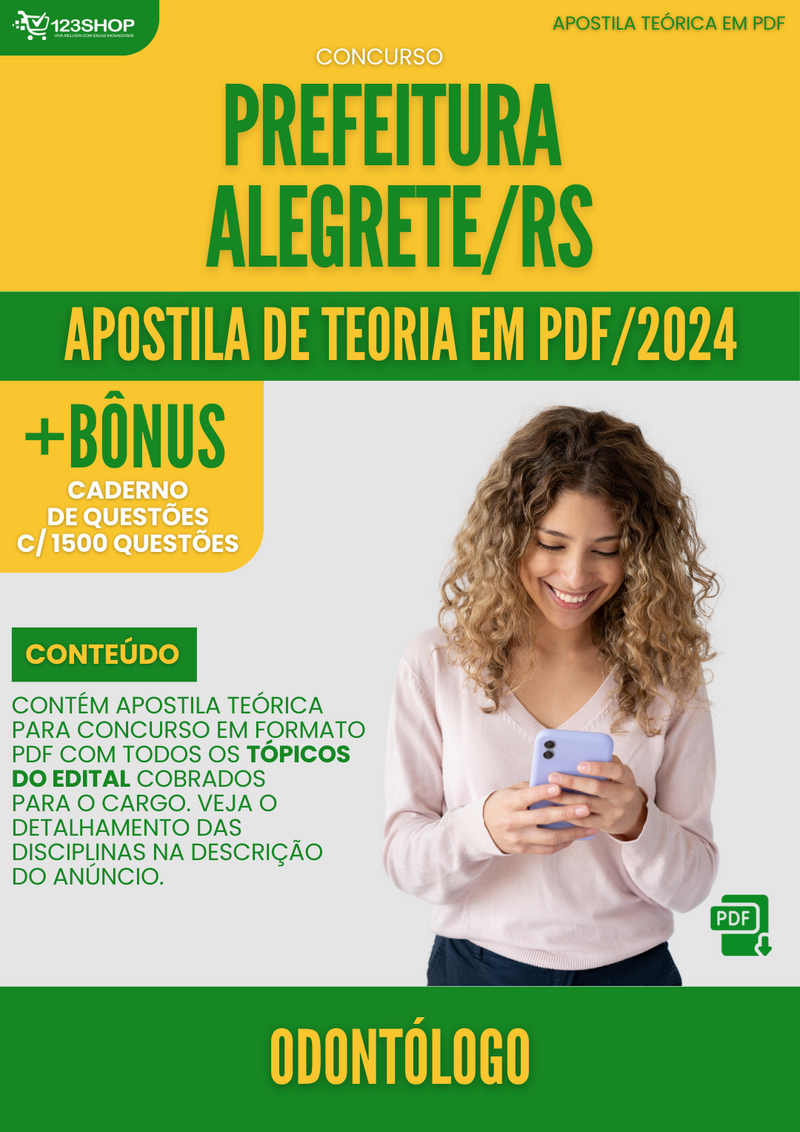 Apostila Teórica para Concurso Prefeitura Alegrete RS 2024 Odontólogo - Com Caderno de Questões | loja123shop