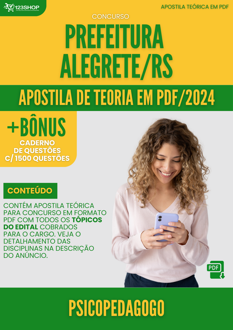 Apostila Teórica para Concurso Prefeitura Alegrete RS 2024 Psicopedagogo - Com Caderno de Questões | loja123shop