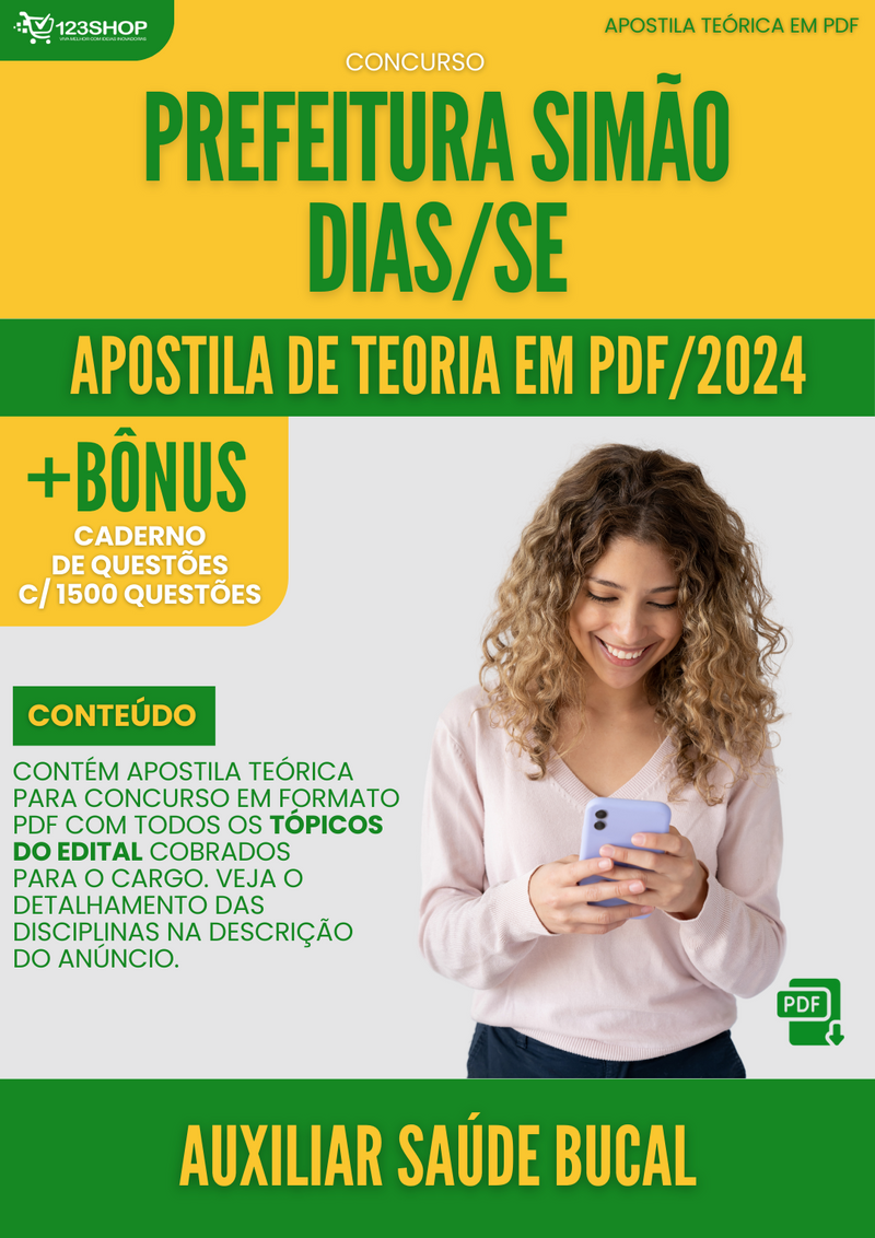 Apostila Teórica para Concurso Pref Simão Dias SE 2024 Auxiliar Saúde Bucal - Com Caderno de Questões | loja123shop