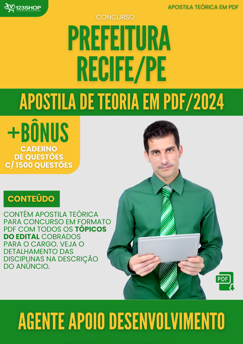 Apostila Teórica para Concurso Pref Recife PE 2024 Agente Apoio Desenvolvimento Escolar Especial - Com Caderno de Questões | loja123shop