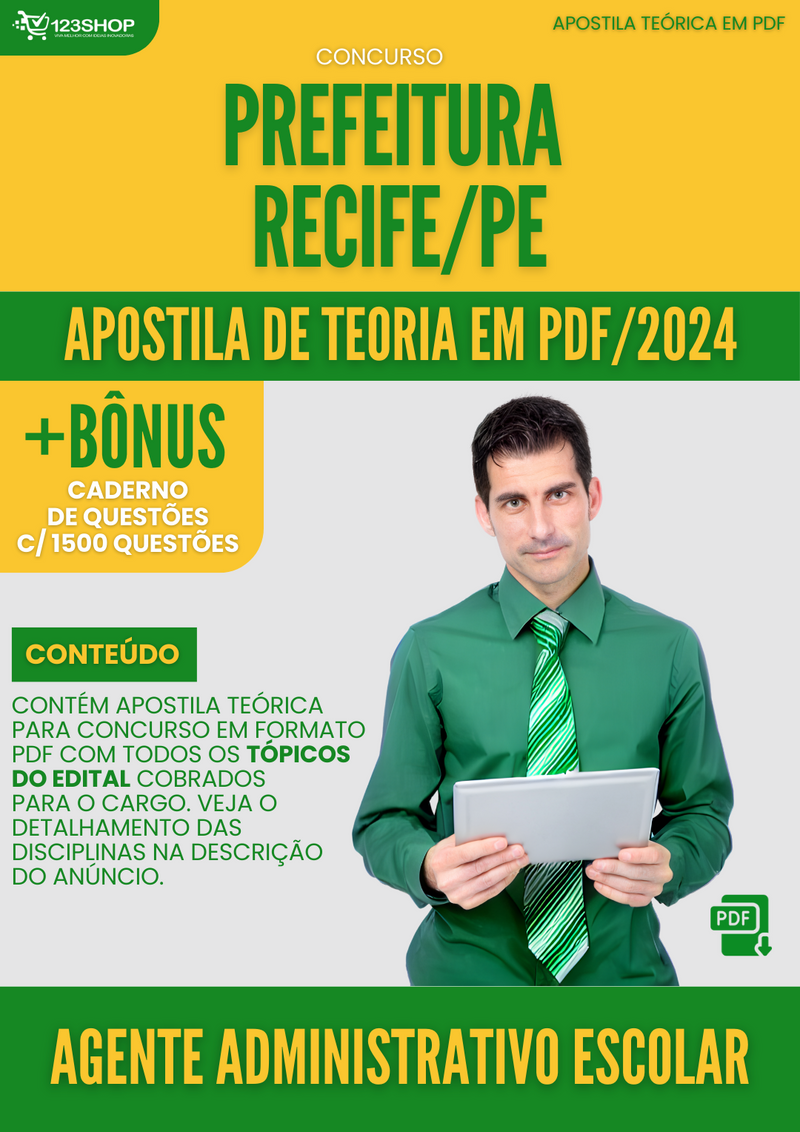 Apostila Teórica para Concurso Pref Recife PE 2024 Agente Administrativo Escolar - Com Caderno de Questões | loja123shop