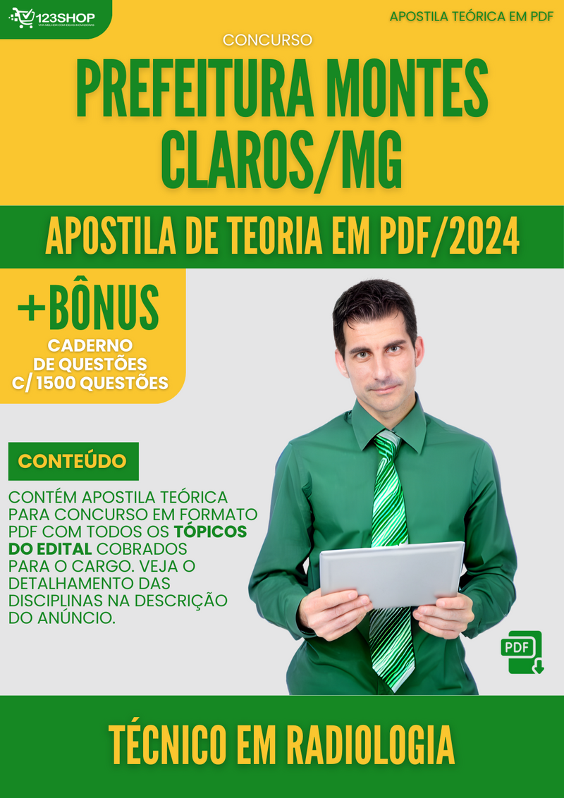 Apostila Teórica para Concurso Pref Montes Claros MG 2024 Técnico em Radiologia - Com Caderno de Questões | loja123shop