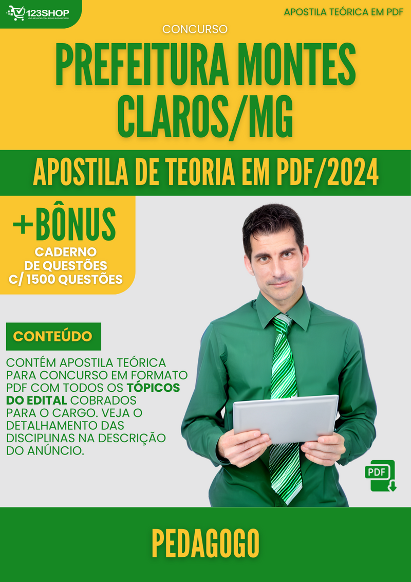 Apostila Teórica para Concurso Prefeitura Montes Claros MG 2024 Pedagogo - Com Caderno de Questões | loja123shop