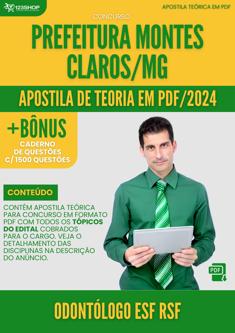 Apostila Teórica para Concurso Prefeitura Montes Claros MG 2024 Odontólogo ESF RSF - Com Caderno de Questões | loja123shop