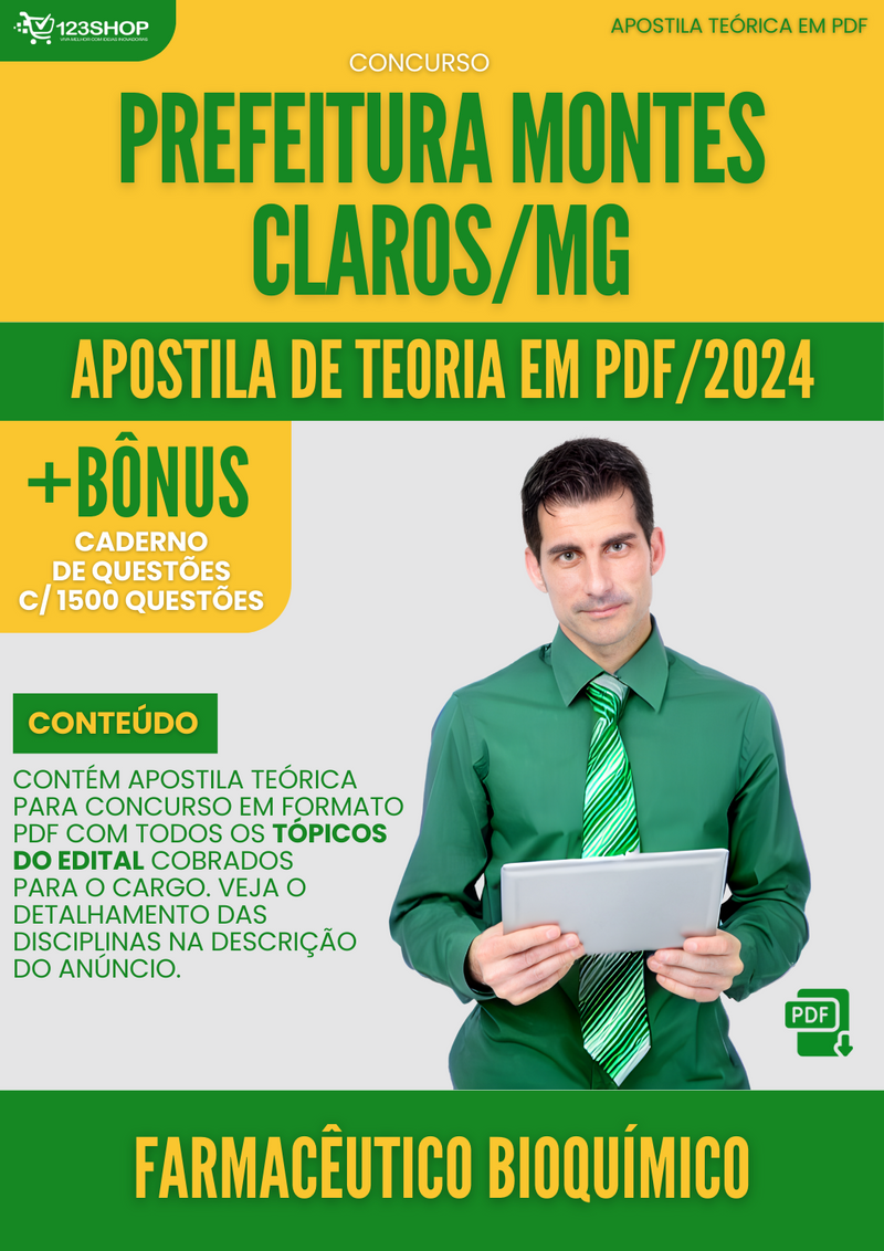 Apostila Teórica para ConcursoPrefeitura Montes Claros MG 2024 Farmacêutico Bioquímico - Com Caderno de Questões | loja123shop