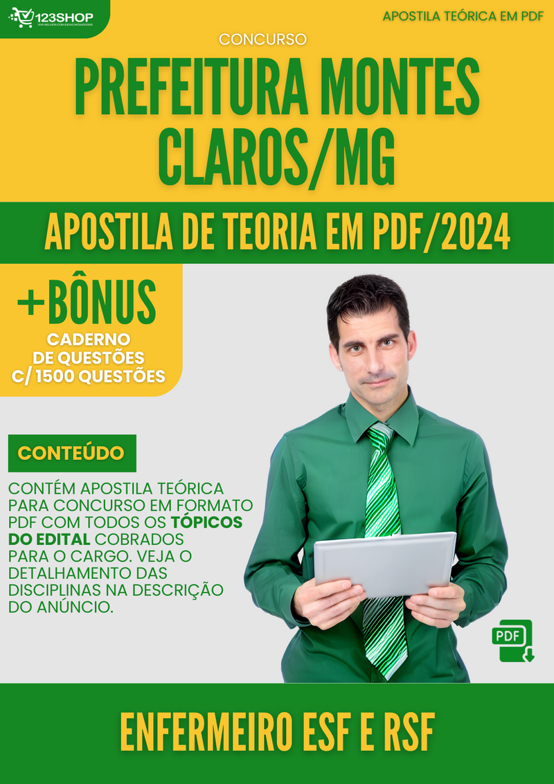 Apostila Teórica para Concurso Prefeitura Montes Claros MG 2024 Enfermeiro ESF e RSF - Com Caderno de Questões | loja123shop