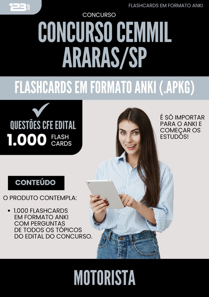 Flashcards para Concurso Motorista Cemmil da Prefeitura Araras Sp 2025 - 1.000 Flashcards de Acordo com Edital