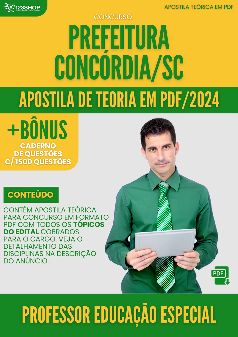 Apostila Teórica para Concurso Prefeitura Concórdia SC 2024 Professor Educação Espec - Com Caderno de Questões | loja123shop