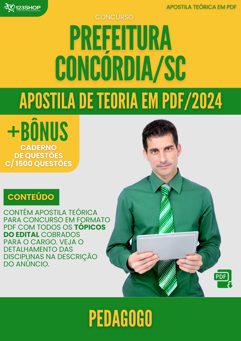 Apostila Teórica para Concurso Prefeitura Concórdia SC 2024 Pedagogo - Com Caderno de Questões | loja123shop