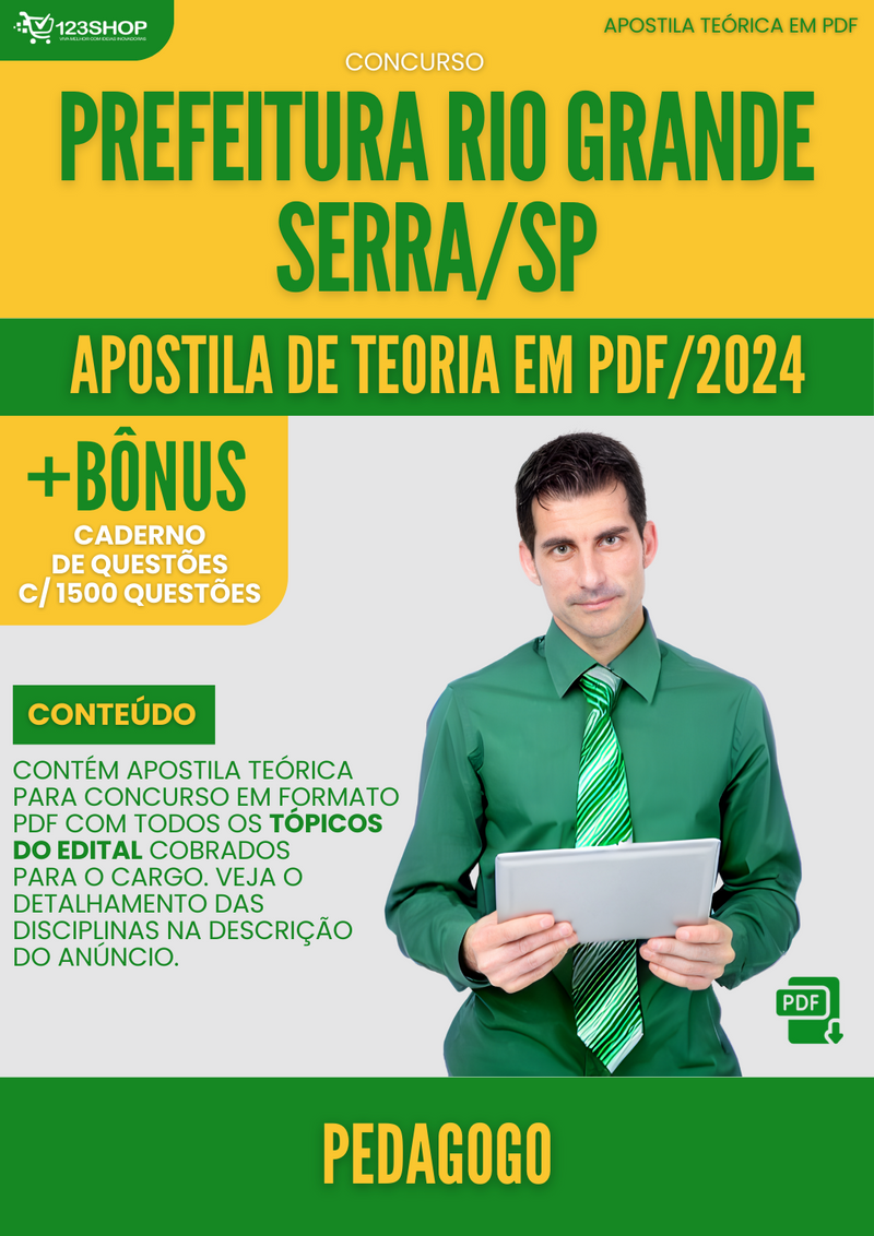 Apostila Teórica para Concurso Pref Rio Grande Serra SP 2024 Pedagogo - Com Caderno de Questões | loja123shop