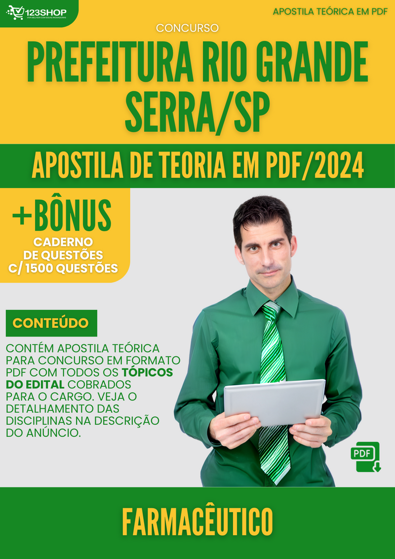 Apostila Teórica para Concurso Pref Rio Grande Serra SP 2024 Farmacêutico - Com Caderno de Questões | loja123shop