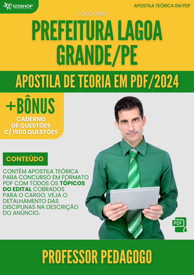 Apostila Teórica para Concurso Pref Lagoa Grande PE 2024 Professor Pedagogo - Com Caderno de Questões | loja123shop