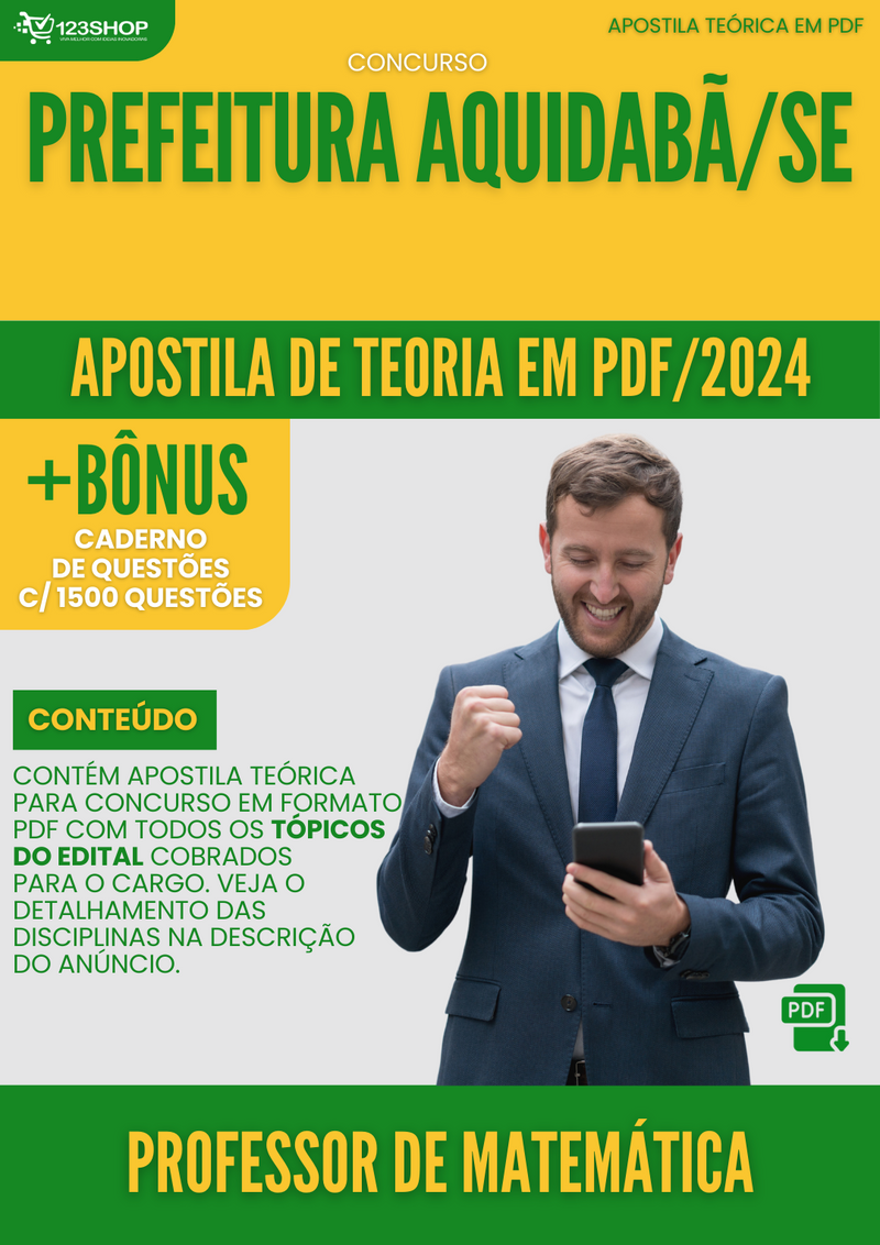 Apostila Teórica para Concurso Pref Aquidabã SE 2024 Professor de Matemática - Com Caderno de Questões | loja123shop