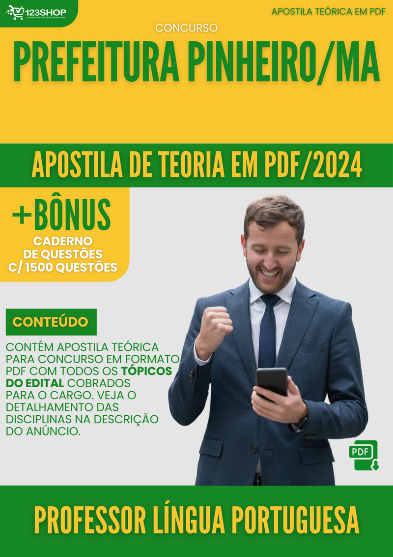 Apostila Teórica para Concurso Pref Pinheiro MA 2024 Professor Língua Portuguesa - Com Caderno de Questões | loja123shop
