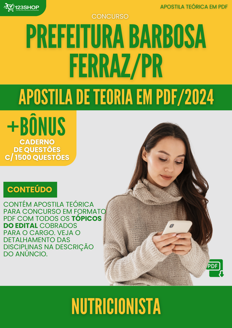 Apostila Teórica para Concurso Pref Barbosa Ferraz PR 2024 Nutricionista - Com Caderno de Questões | loja123shop