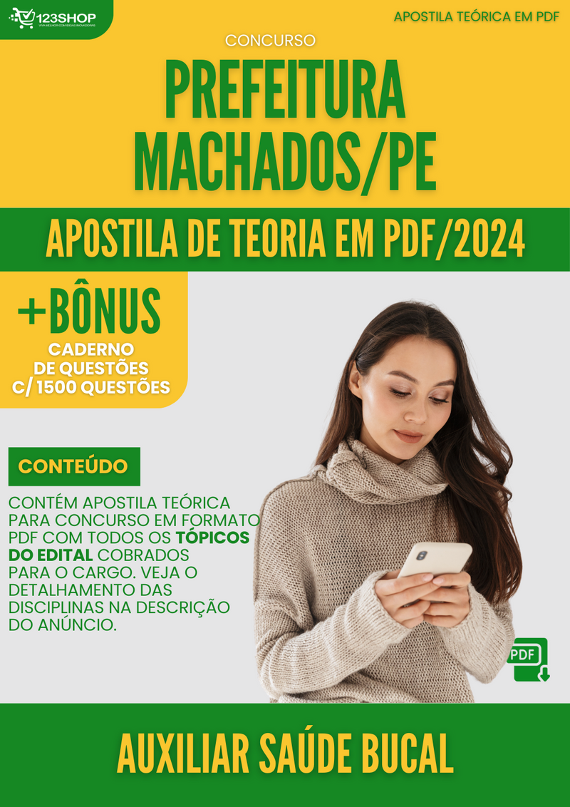 Apostila Teórica para Concurso Pref Machados PE 2024 Auxiliar Saúde Bucal - Com Caderno de Questões | loja123shop