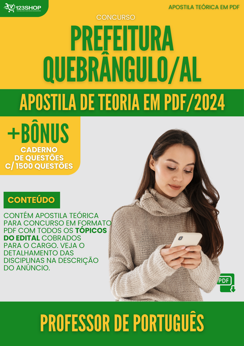 Apostila Teórica para Concurso Pref Quebrangulo AL 2024 Professor de Português - Com Caderno de Questões | loja123shop