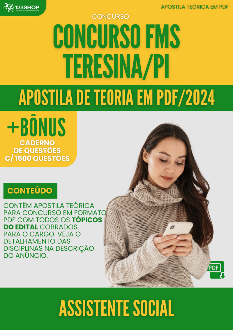 Apostila Teórica para Concurso FMS Teresina PI 2024 Assistente Social - Com Caderno de Questões | loja123shop