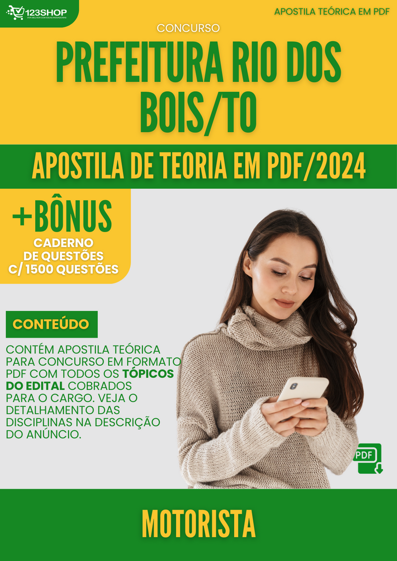 Apostila Teórica para Concurso Pref Rio dos Bois TO 2024 Motorista - Com Caderno de Questões | loja123shop