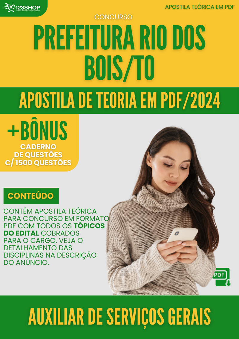 Apostila Teórica para Concurso Pref Rio dos Bois TO 2024 Auxiliar de Serviços Gerais - Com Caderno de Questões | loja123shop
