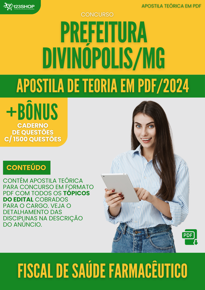 Apostila Teórica para Concurso Prefeitura Divinópolis MG 2024 Fiscal De Saúde Farmacêutico - Com Caderno de Questões | loja123shop