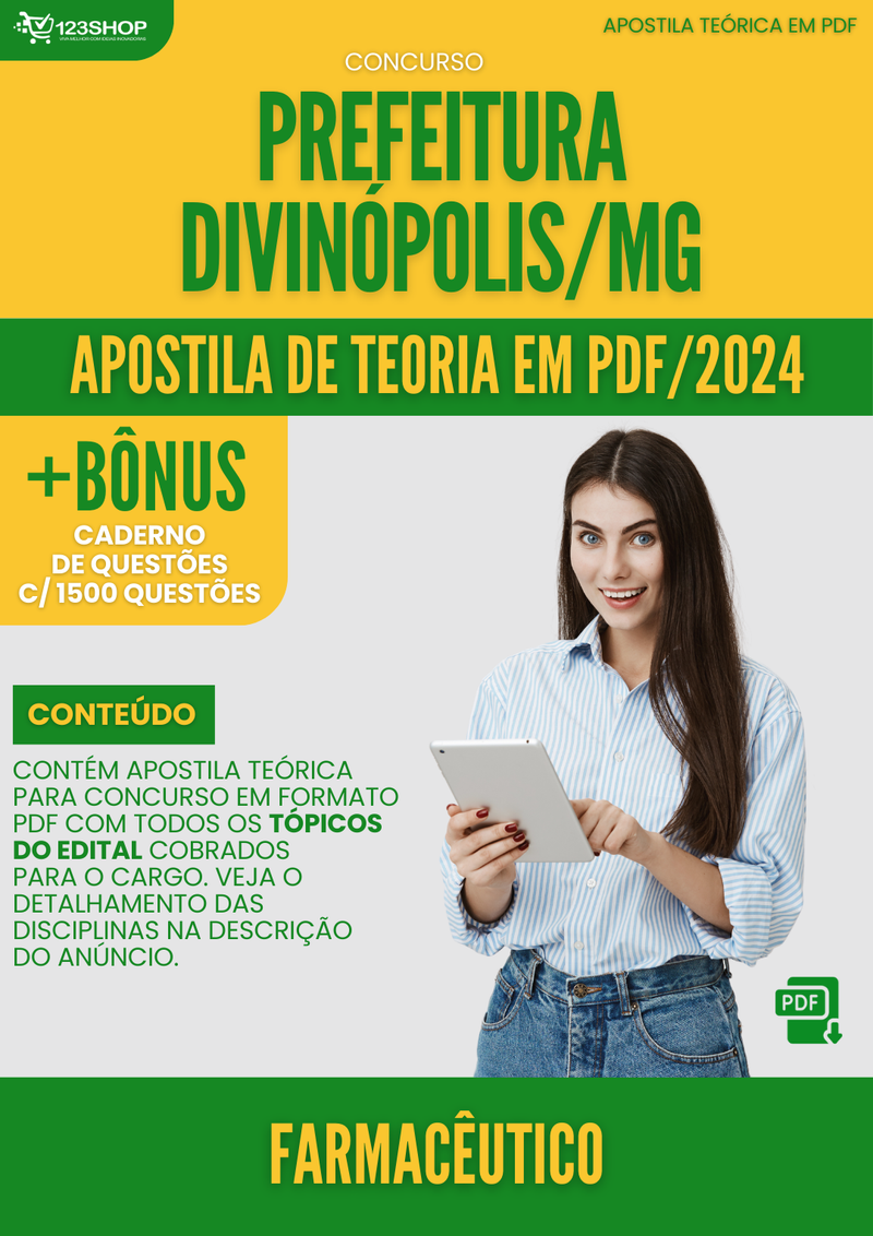Apostila Teórica para Concurso Prefeitura Divinópolis MG 2024 Farmacêutico - Com Caderno de Questões | loja123shop