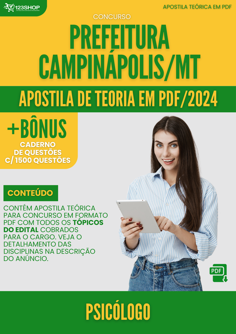 Apostila Teórica para Concurso Prefeitura Campinápolis MT 2024 Psicólogo - Com Caderno de Questões | loja123shop