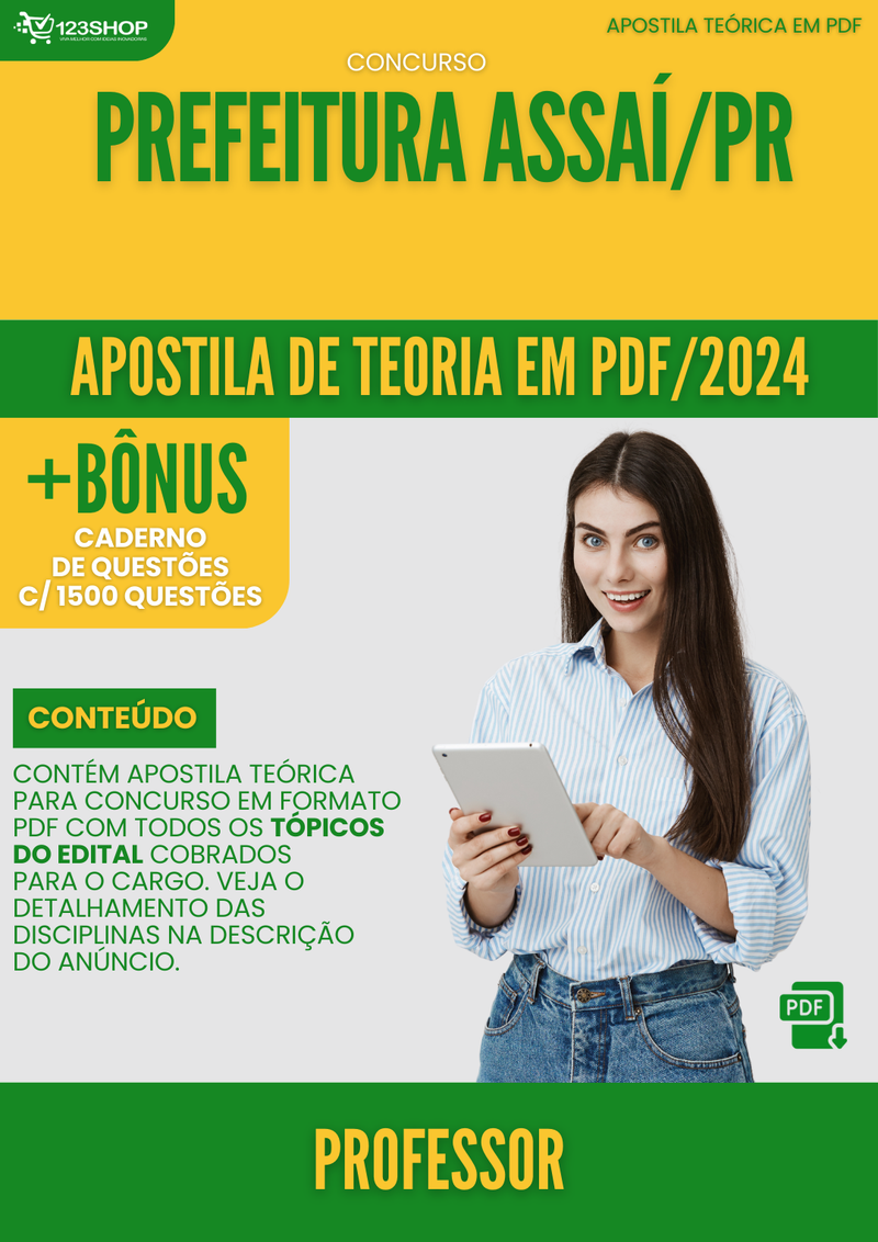 Apostila Teórica para Concurso Prefeitura Assaí PR 2024 Professor - Com Caderno de Questões | loja123shop