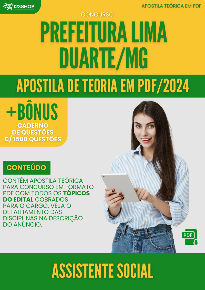 Apostila Teórica para Concurso Prefeitura Lima Duarte MG 2024 Assistente Social - Com Caderno de Questões | loja123shop
