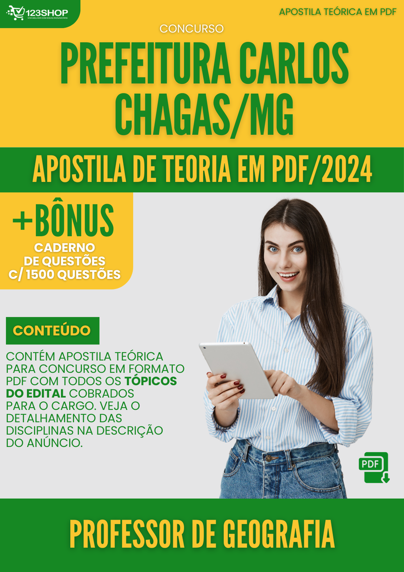 Apostila Teórica para Concurso Prefeitura Carlos Chagas MG 2024 Professor Geografia - Com Caderno de Questões | loja123shop