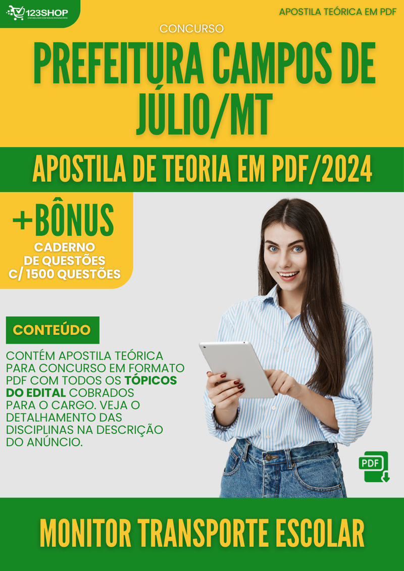 Apostila Teórica para Concurso Prefeitura Campos Júlio MT 2024 Monitor Transp Escolar - Com Caderno de Questões | loja123shop