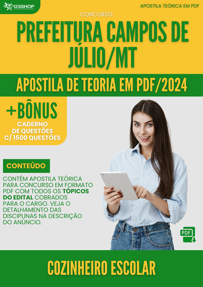 Apostila Teórica para Concurso Prefeitura Campos Júlio MT 2024 Cozinheiro Escolar - Com Caderno de Questões | loja123shop